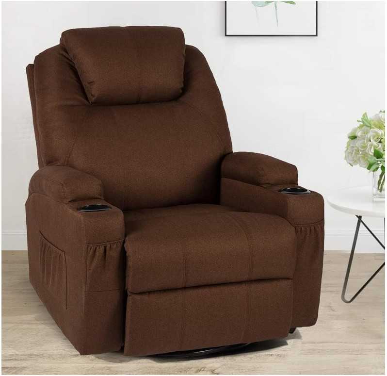 Esright Recliner Chair Massage Chair Massage Swivel Rocker Recliner with Heated 360° Swivel Recliner Single Sofa Seat with Cup Holders for Living Room,Brown