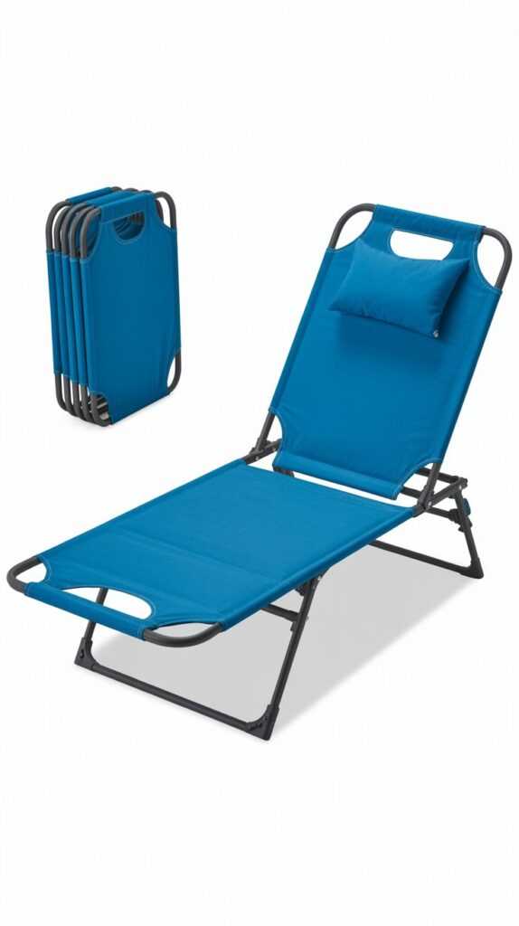 Folding Beach Lounge Chair with Padded Pillow (Blue)