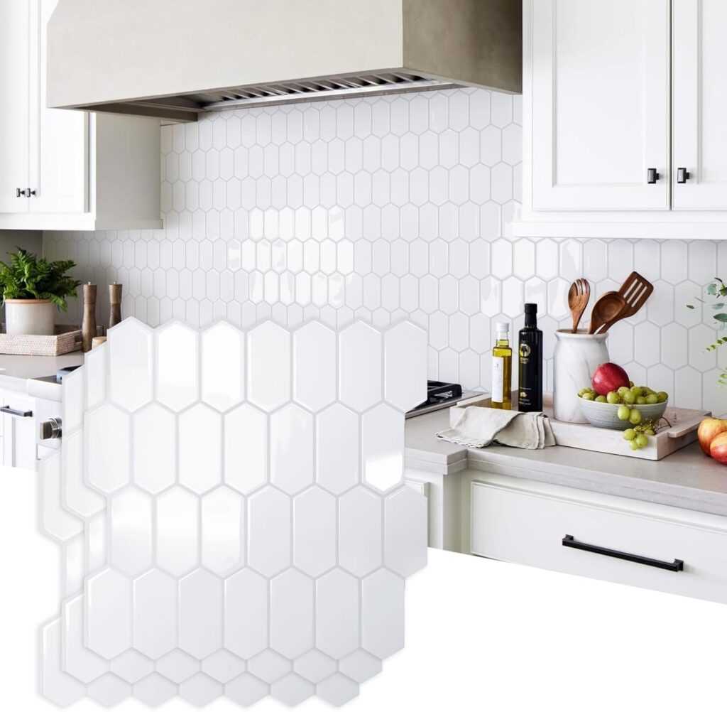Vamos Tile White with Gray Grout Long Hexagon Tiles