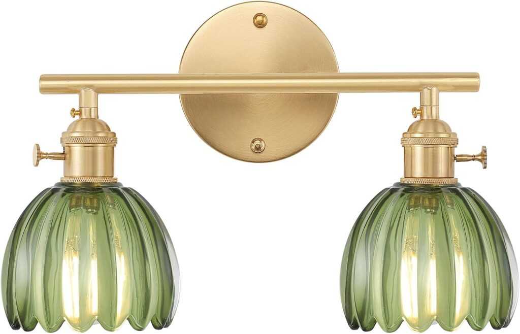 2-Light Brass Vanity Wall Light with Green Tulip Glass Shades