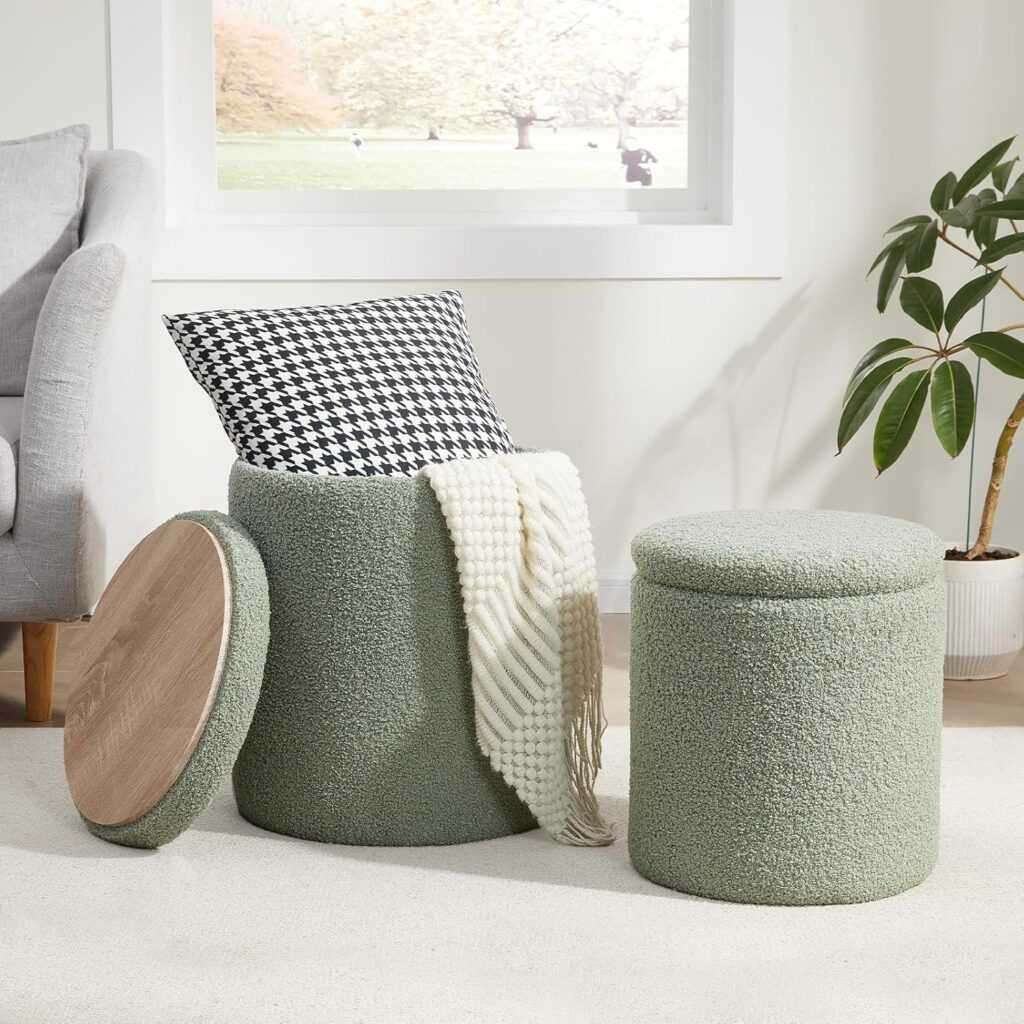Boucle Round Ottomans with Storage (Set of 2, Green)