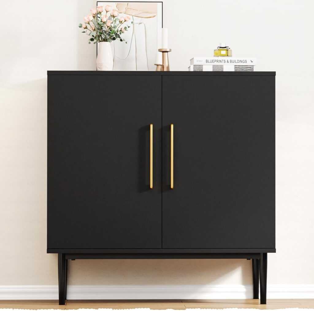 Modern Free Standing Cabinet, Black Sideboard and Buffet Storage with Doors