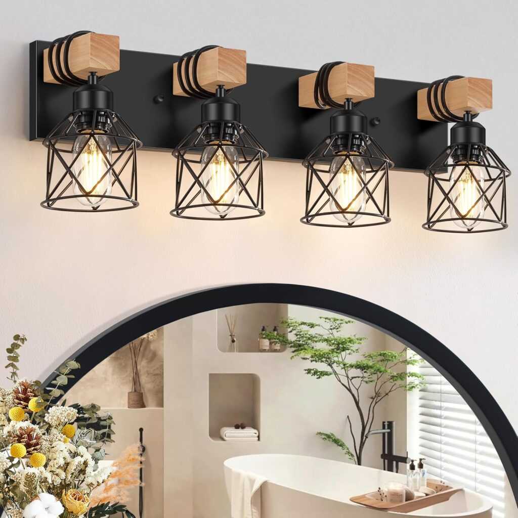 FadimiKoo 4-Light Rustic Wood & Metal Vanity Fixture – Full-on Farmhouse Feels