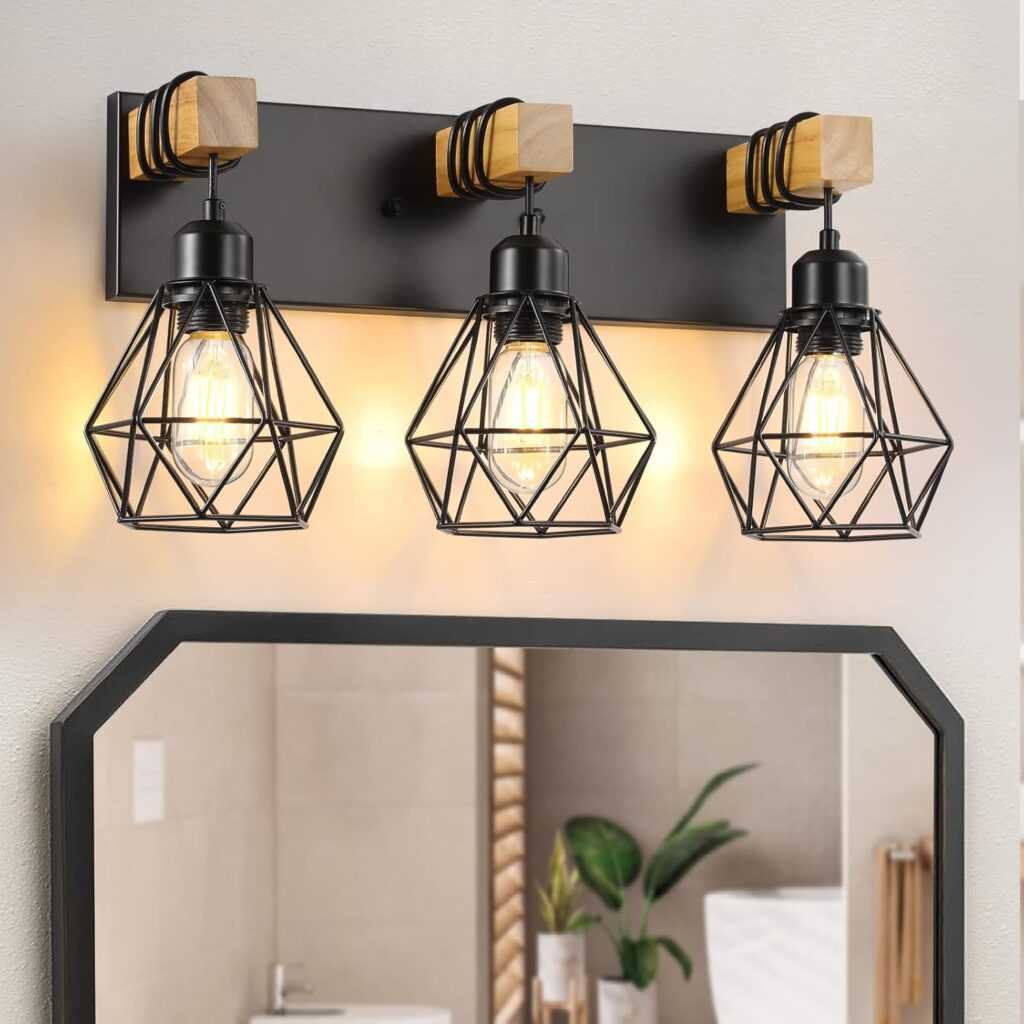 Farmhouse Bathroom Vanity Light Fixtures (3-Light, Wood + Metal)