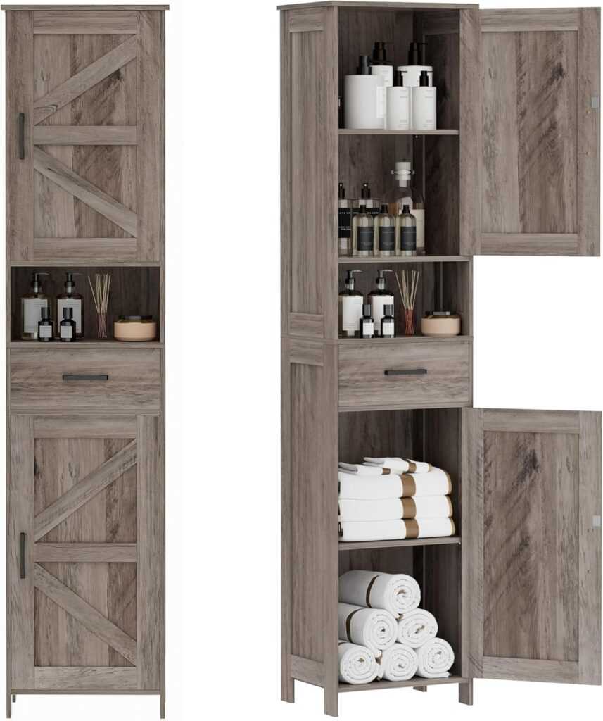 Homhedy 67″ Tall Bathroom Storage Cabinet with Barn Doors