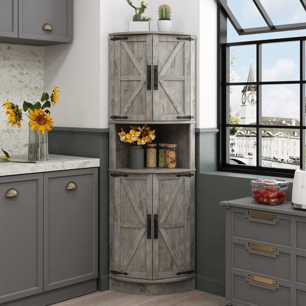 Vabches 64.8″ Tall Farmhouse Corner Cabinet with Barn Door Design