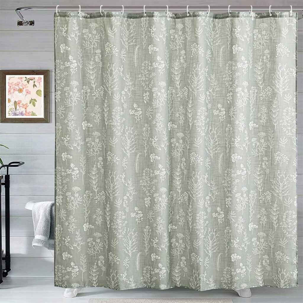 The Estmy Green Botanical Linen Shower Curtain