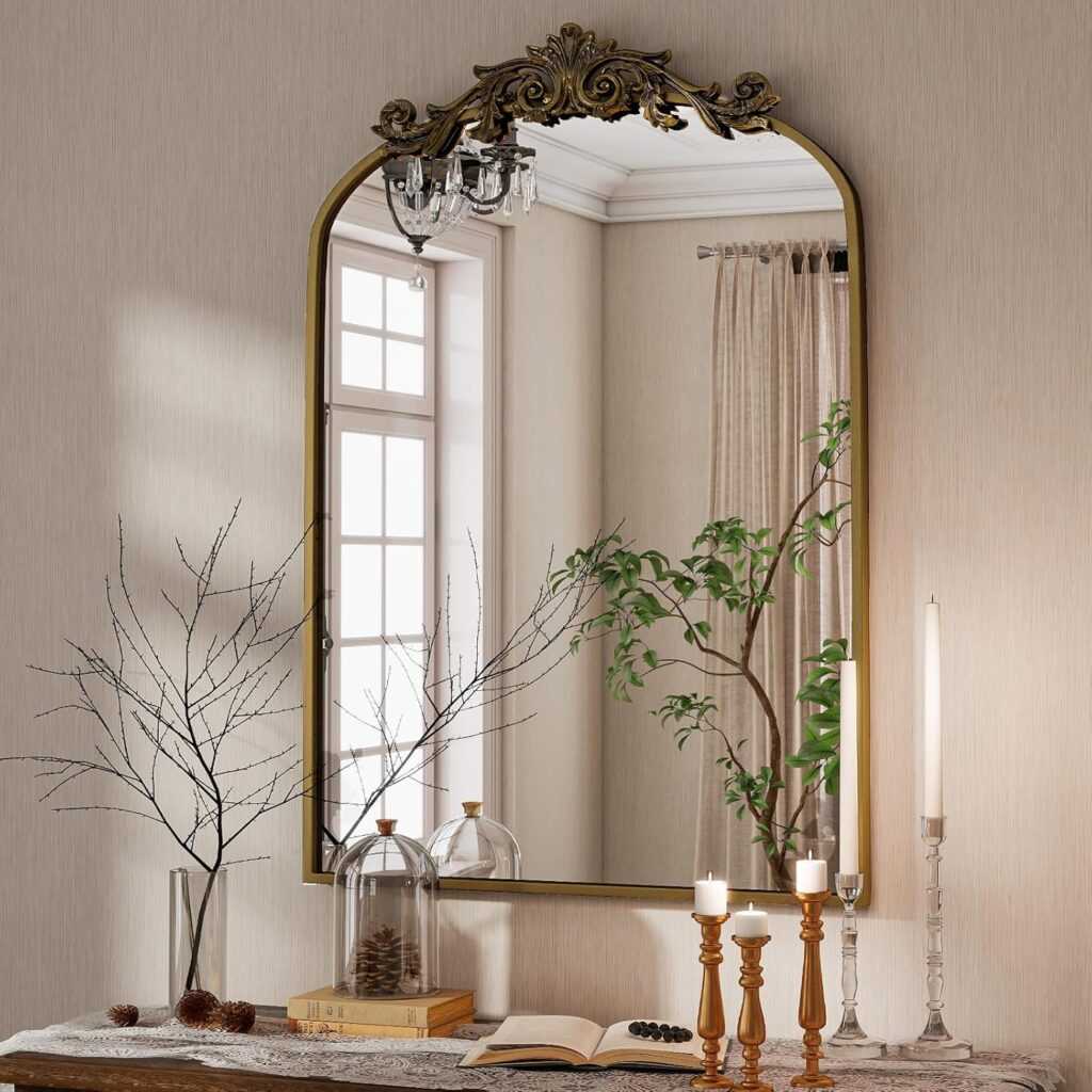 Vintage Arched Vanity Mirror with Carved Pattern