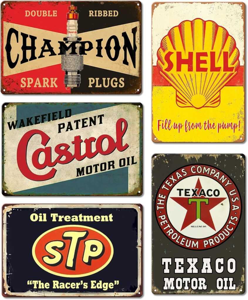 Vintage Metal Tin Signs Retro Garage Signs For Men Wall Decorations (Set of 5, 8×12 inch)