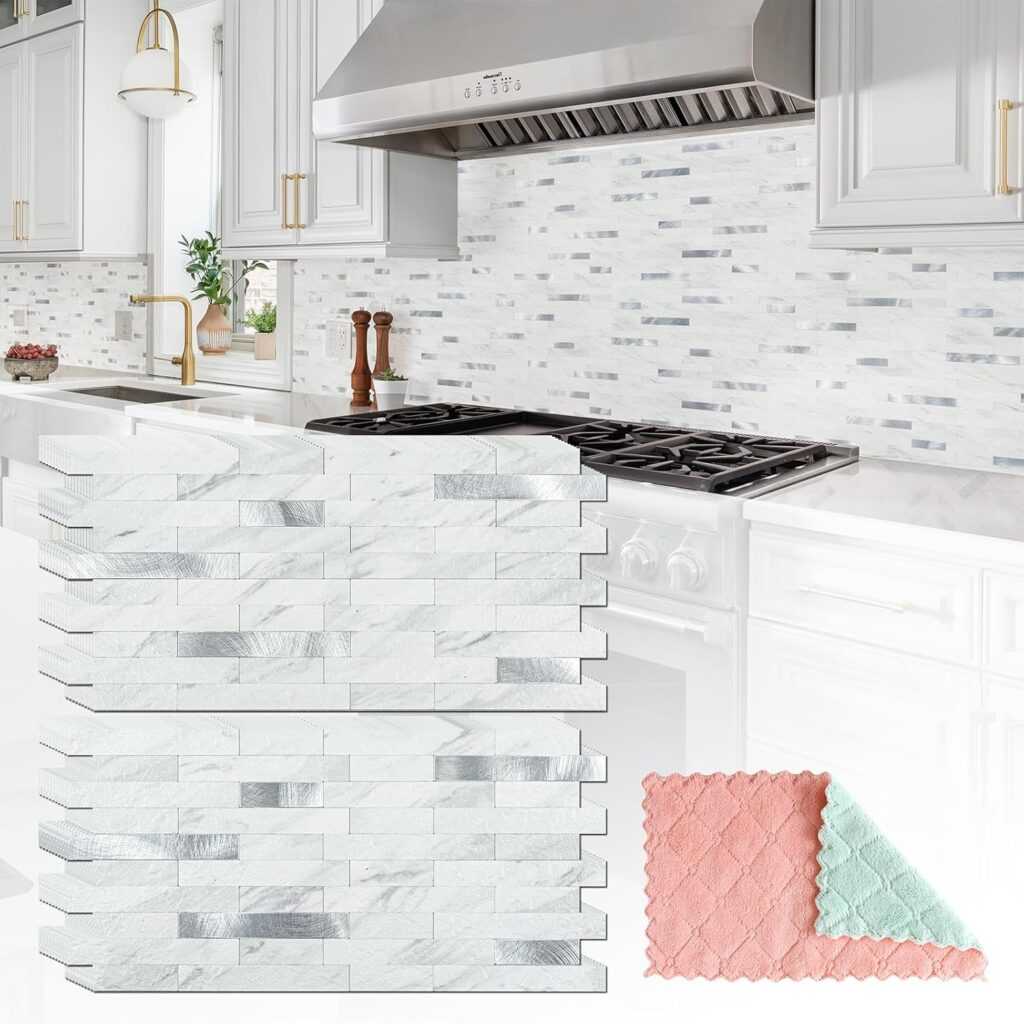 White Marble + Silver Metal Peel-and-Stick Tiles