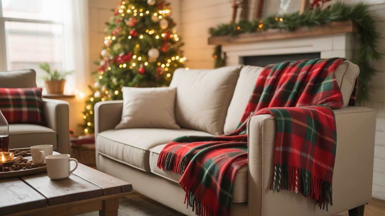 Cozy Christmas Living Room with Plaid Blankets
