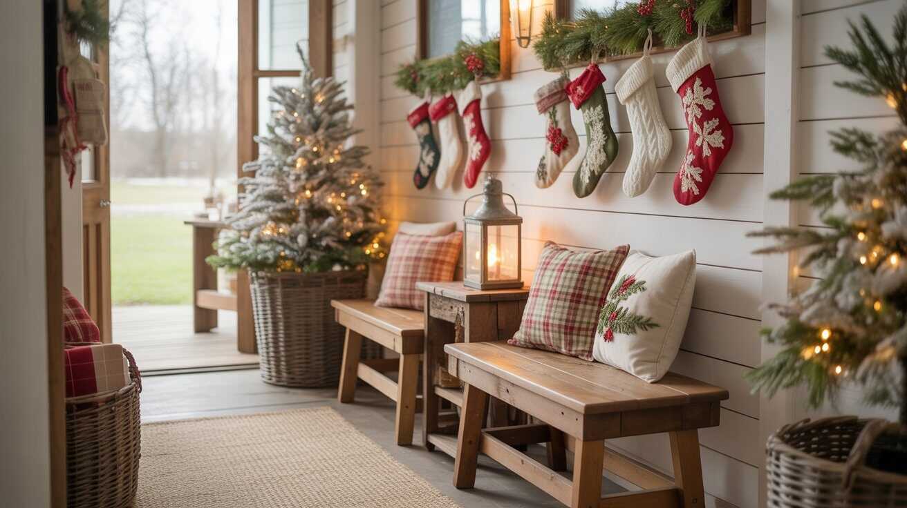 Cozy Farmhouse Entryway Styled with Christmas Stockings