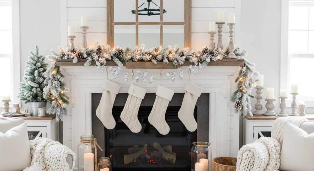 Cozy Farmhouse Mantel with Frosted Winter Garland