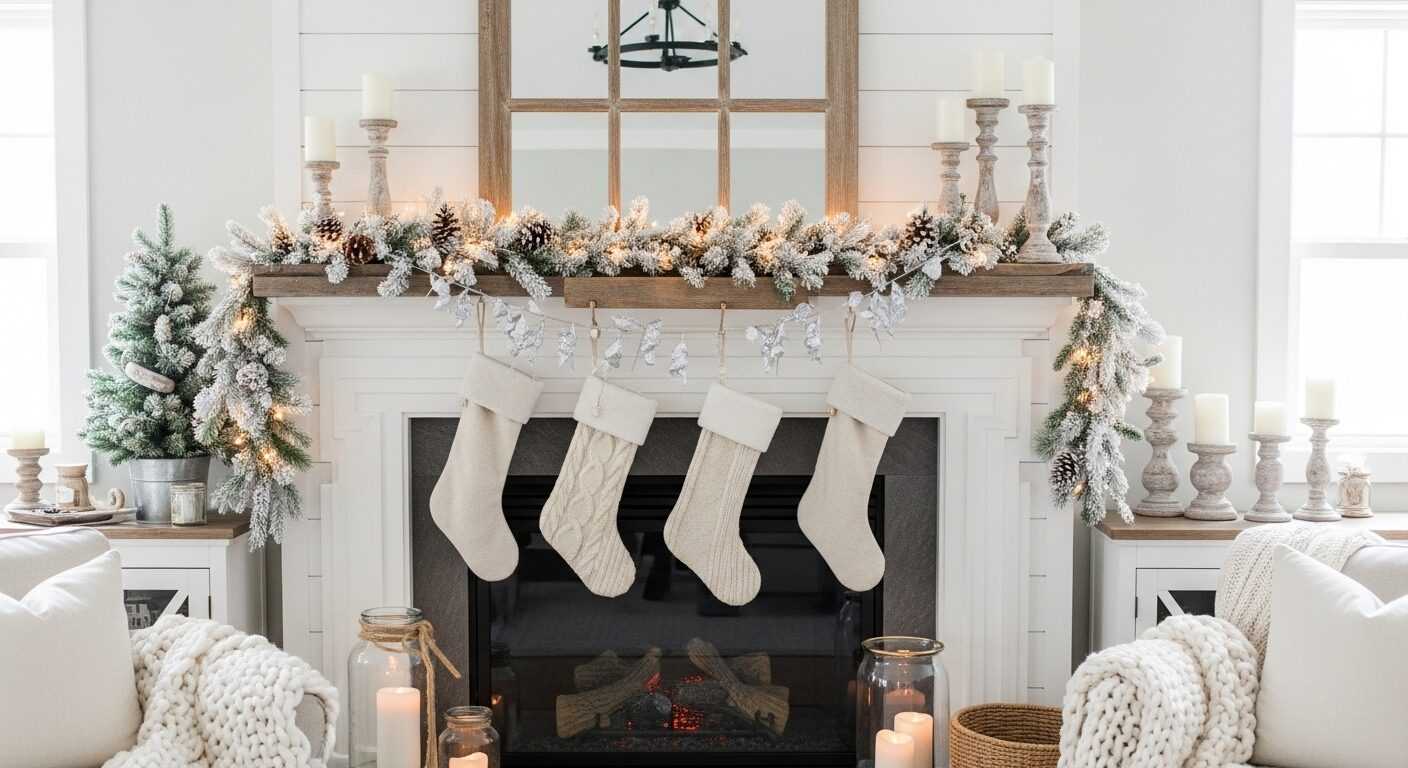 Cozy Farmhouse Mantel with Frosted Winter Garland