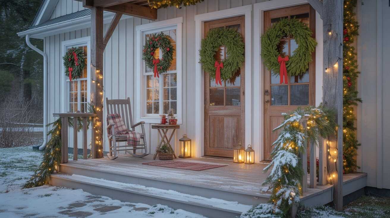 Cozy Farmhouse Porch Styled with Christmas Wreaths