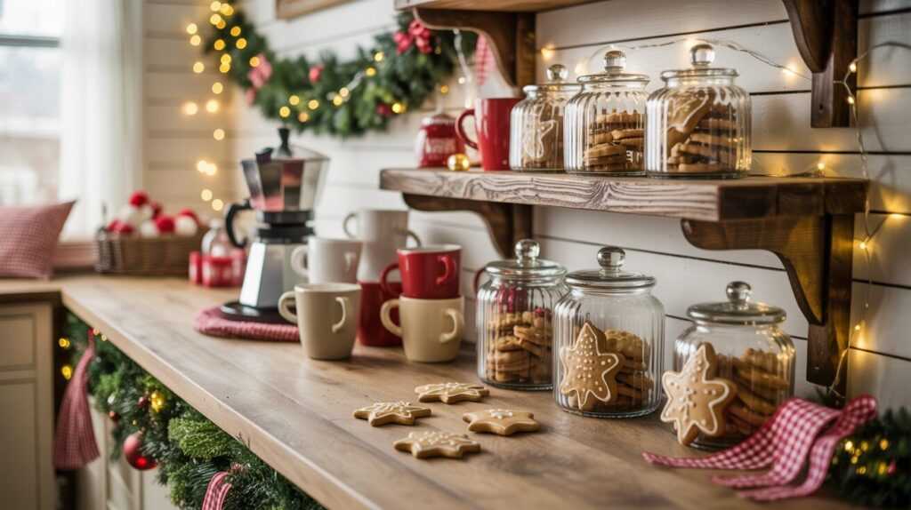 Farmhouse Coffee Bar Styled with Christmas Cookie Jars