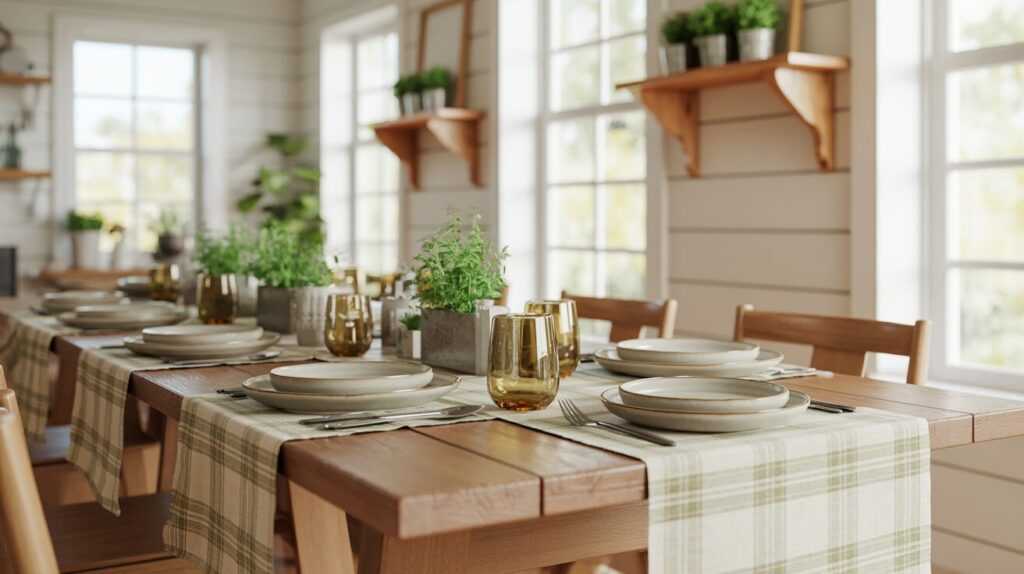 Farmhouse dining table styled with plaid runners