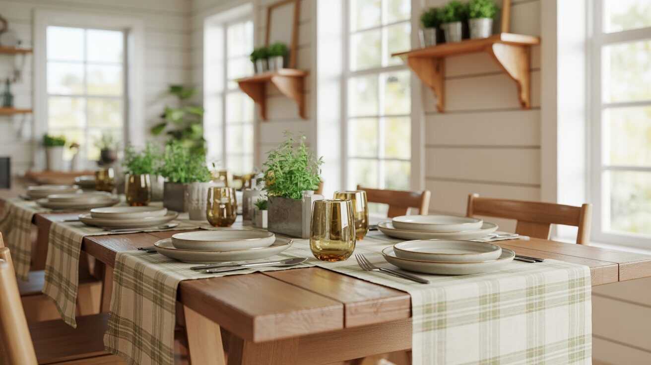 Farmhouse dining table styled with plaid runners