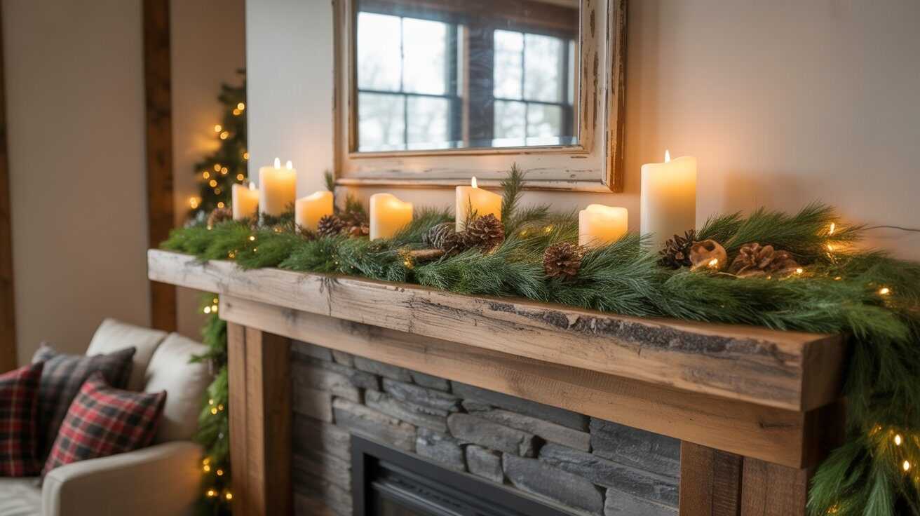 Rustic Holiday Mantel Draped in Evergreen Garland