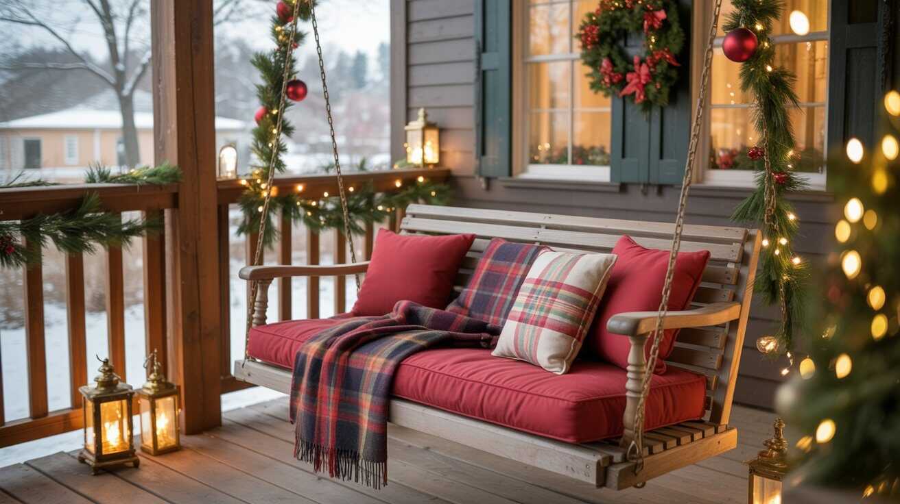 Vintage Christmas Porch Swing with Cozy Red Cushions