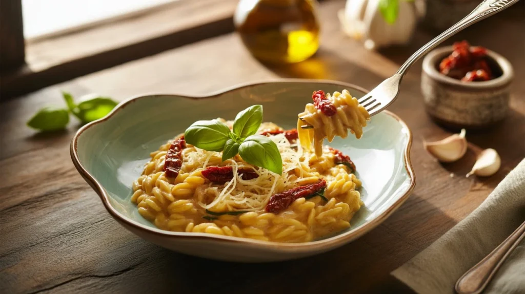 Easy One Pot Creamy Sun Dried Tomato Orzo