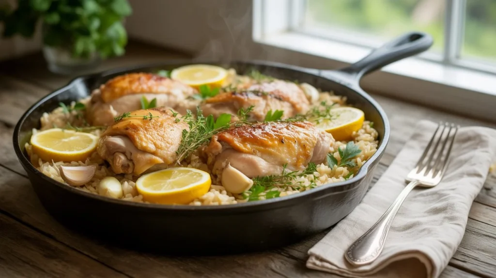 One Pan Lemon Herb Chicken and Rice Easy Dinner