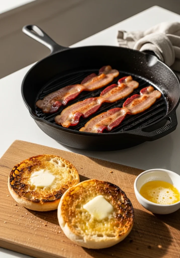 Preparing the Canadian Bacon and English Muffins