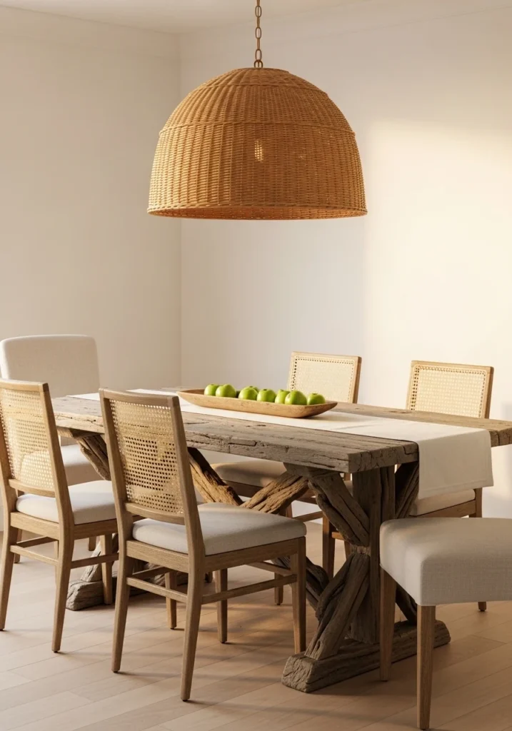 Rattan Pendant Lights and Dining Room Furniture Pairing